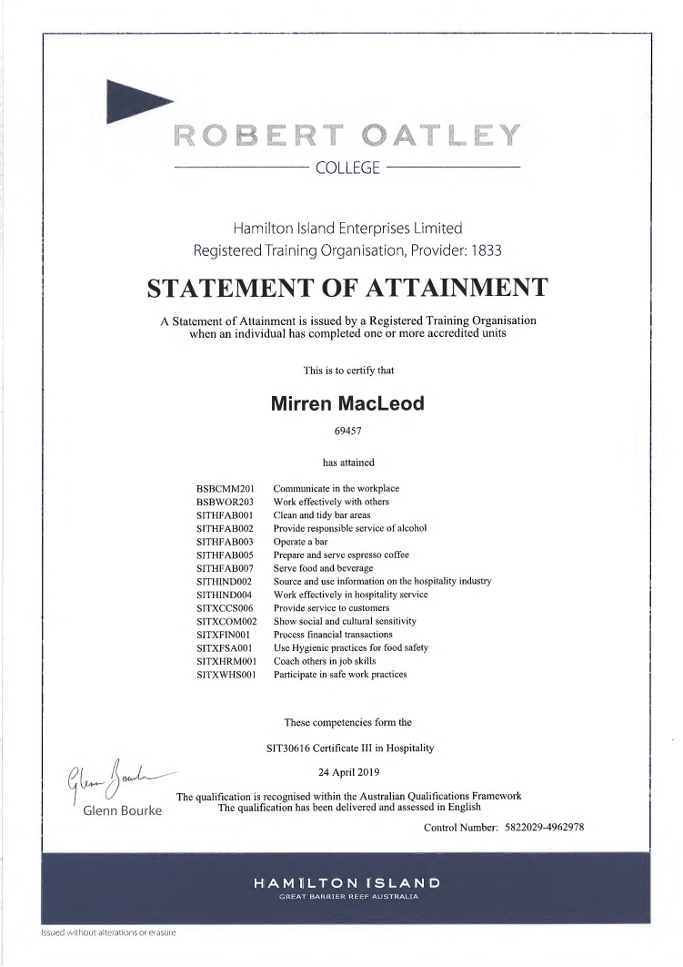  Mirren MacLeod Certificate III Hospitality April 2019 Transcript